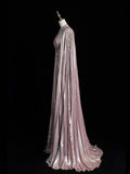 Vintage A line V Neck Pink Beaded Bodice Satin With Cape Long Prom Dress Evening Outfits Formal Dress HZ0311