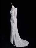 Vintage Mermaid V Neckline Lace Long Sleeeves Wedding Dress Fairytale Autumn Bridal Dresses HZ0311
