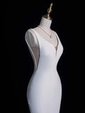Simple Mermaid V Neckline Satin Sleeveless White Wedding Dress Fairytale Autumn Bridal Dresses HZ0311
