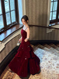 Sexy Mermaid Spaghetti Strap Burgundy Satin Long Prom Dresses Formal Gown Inspo Evening Outfits HZ0311