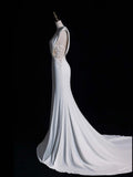 Simple Mermaid V Neckline Satin Sleeveless White Lace Wedding Dress Fairytale Autumn Bridal Dresses HZ0311