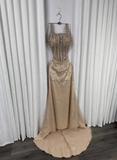 Sparkly Mermaid Square Neck Champagne Sequins Senior Prom Dresses High School Long Formal Dress HZ0311