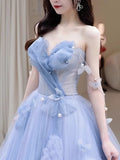 Charming Ball Gown Sweetheart Blue Tulle Long Prom Dresses Formal Party Dress Prom Gown HZ0311