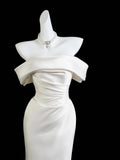 Classic Mermaid Wedding Dresses Off The Shoulder Satin White With Short Sleeves Brides Dress Fitted Bridal Gowns HZ0311