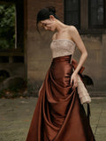 Modest Ball Gown Strapless Champagne Beaded Top Brown Skirt Long Evening Prom Dresses Long Evening Formal Dress HZ0311