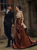 Modest Ball Gown Strapless Champagne Beaded Top Brown Skirt Long Evening Prom Dresses Long Evening Formal Dress HZ0311