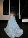 Modest Ball Gown Off The Shoulder Blue Organza With Long Cape Sleeves Tiered Layered Prom Dress Aesthetic Long Graduation Evening Outfits HZ0311