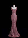 Sparkly Mermaid Square Neck Pink Beaded Bodice Long Prom Dress Evening Outfits Formal Dress HZ0311