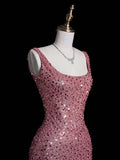 Sparkly Mermaid Square Neck Pink Beaded Bodice Long Prom Dress Evening Outfits Formal Dress HZ0311