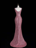 Modest Sheath Strapless Pink Sequins Long Formal Prom Evening Dress Dinner Outfits Party Gowns For Teens Girls HZ0311