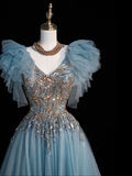 Sparkly Ball Gown V Neckline Blue Tulle Beaded Bodice Long Prom Dress Evening Outfits Formal Dress HZ0311