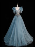 Sparkly Ball Gown V Neckline Blue Tulle Beaded Bodice Long Prom Dress Evening Outfits Formal Dress HZ0311