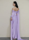 Modest Prom Dresses Aesthetic Sheath Off The Shoulder Lilac Inspiration Style Impress With Sleeves Cape Long Party Formal Gown HZ0311