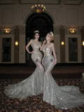 Luxurious Wedding Dresses Mermaid Style With Beaded Crystals Bodice Silver Sequin Bride Dress For Brides Fitted Bridal Gown HZ0311