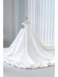 Simple Ball Gown Off The Shoulder Satin Lace White Fit And Flare Long Floor Length Pleats Wedding Dress HZ0311