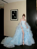 Modest Ball Gown Off The Shoulder Blue Organza With Long Cape Sleeves Tiered Layered Prom Dress Aesthetic Long Graduation Evening Outfits HZ0311