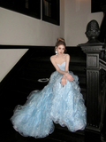 Modest Ball Gown Off The Shoulder Blue Organza With Long Cape Sleeves Tiered Layered Prom Dress Aesthetic Long Graduation Evening Outfits HZ0311