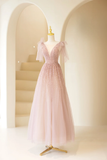 Elegant A Line V Neck Pink Tulle Sequin Long Prom Dress Charming Evening Party Gowns Fashion Wedding Guest Dress HZ0311