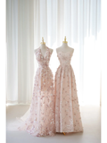 Cute A line Halter Floral Tulle Pink Long Prom Dresses Impress 19th Birthday Outfits Prom Gown HZ0311