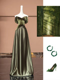 Gorgeous A line Off The Shoulder Olive Green Satin Formal Evening Dress Gowns Prom Dresses HZ0311