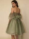 Green Off Shoulder A-Line Floral Short Party Dress Cute Mini Birthday Dress, HZ0427
