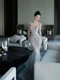 Sparkly Mermaid Wedding Dresses Off The Shoulder Sequins Silver Gray Long Brides Dress Fitted Bridal Gown HZ0311