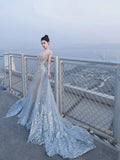 Sparkly Mermaid Wedding Dresses Off The Shoulder Sequins Silver Gray Long Brides Dress Fitted Bridal Gown HZ0311
