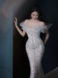 Fairytale Fantasy Art Wedding Dresses Mermaid Off The Shoulder White Sequin With Sleeves Long Brides Dress Fitted Bridal Gowns HZ0311