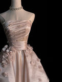 Pearl Pink Strapless A-Line Tulle Long Party Gown with Pearls HZ0427
