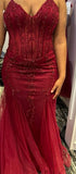 Mermaid V Neck Tulle Burgundy Prom Dress With Lace Formal Evening Dresses HZ0311