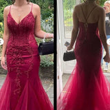 Modest Mermaid Spaghetti Straps Burgundy Lace Tulle Prom Dresses Inspiration Prom Dress Princess Graduation Dress HZ0311