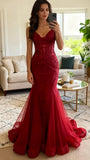 Mermaid V Neck Tulle Burgundy Prom Dress With Lace Formal Evening Dresses HZ0311