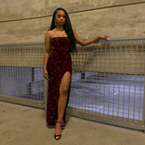Modest Sheath Strapless Split Black Sequin Prom Evening Dresses High School For Black Girls Senior Night Dance Party Outfits HZ0311
