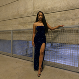 Modest Sheath Strapless Split Black Sequin Prom Evening Dresses High School For Black Girls Senior Night Dance Party Outfits HZ0311