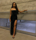 Modest Sheath Strapless Split Black Sequin Prom Evening Dresses High School For Black Girls Senior Night Dance Party Outfits HZ0311