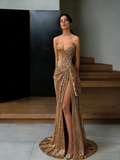 Modest Mermaid Sweetheart Gold Sequins Slit Side Evening Dresses High School Teens Senior Night Dance Prom Outfits HZ0311