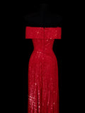 Chic A line Off The Shoulder Red Pleated Ruffle Sequin Long Prom Dresses Inspiration Evening Gowns Formal Party Dress HZ0311