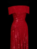 Chic A line Off The Shoulder Red Pleated Ruffle Sequin Long Prom Dresses Inspiration Evening Gowns Formal Party Dress HZ0311
