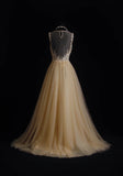 Vintage Prom Dresses Aesthetic A line Scoop Neck Champagne Tulle With Beaded Bodice Inspo Formal Party Gown HZ0311