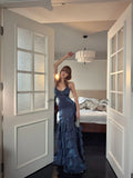 Mermaid V-neck Sheath Long Prom Dresses Fine Glitter Navy Blue Long Formal Dresses HZ0311