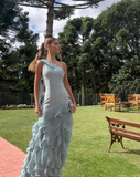 Simple Mermaid One Shoulder Light Sky Blue Chiffon With Ruffles Long Prom Dresses Impress Wedding Guest Dress Party Gown HZ0311