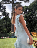Simple Mermaid One Shoulder Light Sky Blue Chiffon With Ruffles Long Prom Dresses Impress Wedding Guest Dress Party Gown HZ0311
