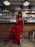 Unique Mermaid Strapless Bright Red Slit Long Prom Dresses Inspiration Prom Gowns Formal Prom Dress HZ0311