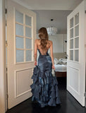 Fairytale Mermaid Spagehtti Strap Long Prom Dress Corset Back Navy Blue Long Ball Gowns Formal Birthday Dresses HZ0311