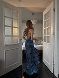 Ethereal Mermaid Spagehtti Strap Long Prom Dress Corset Back With Slit Split Navy Blue Long Ball Gowns Formal 18th Birthday Dresses HZ0311