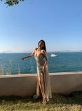 Glittering Mermaid Spaghetti Strap Champagne With Corset Back Slit Long Prom Dresses Inspo 18th Birthday Outfits Formal Dress HZ0311