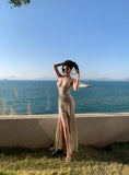 Glittering Mermaid Spaghetti Strap Champagne With Corset Back Slit Long Prom Dresses Inspo 18th Birthday Outfits Formal Dress HZ0311
