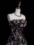 Whimsical Ball Gown Strapless Black Floral Sequin Pleated Bodice Long Prom Dresses Night Formal Dress HZ0311