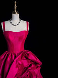 Elegant Ball Gown Spaghetti Strap Hot Pink Satin Floral Long Evening Dresses Semi Prom Formal Gown HZ0311