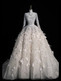 Civil Wedding Dresses Ball Gown Square Neck White Tulle With Long Sleeves Feathers Bodice Brides Dress Fitted Bridal Gowns HZ0311